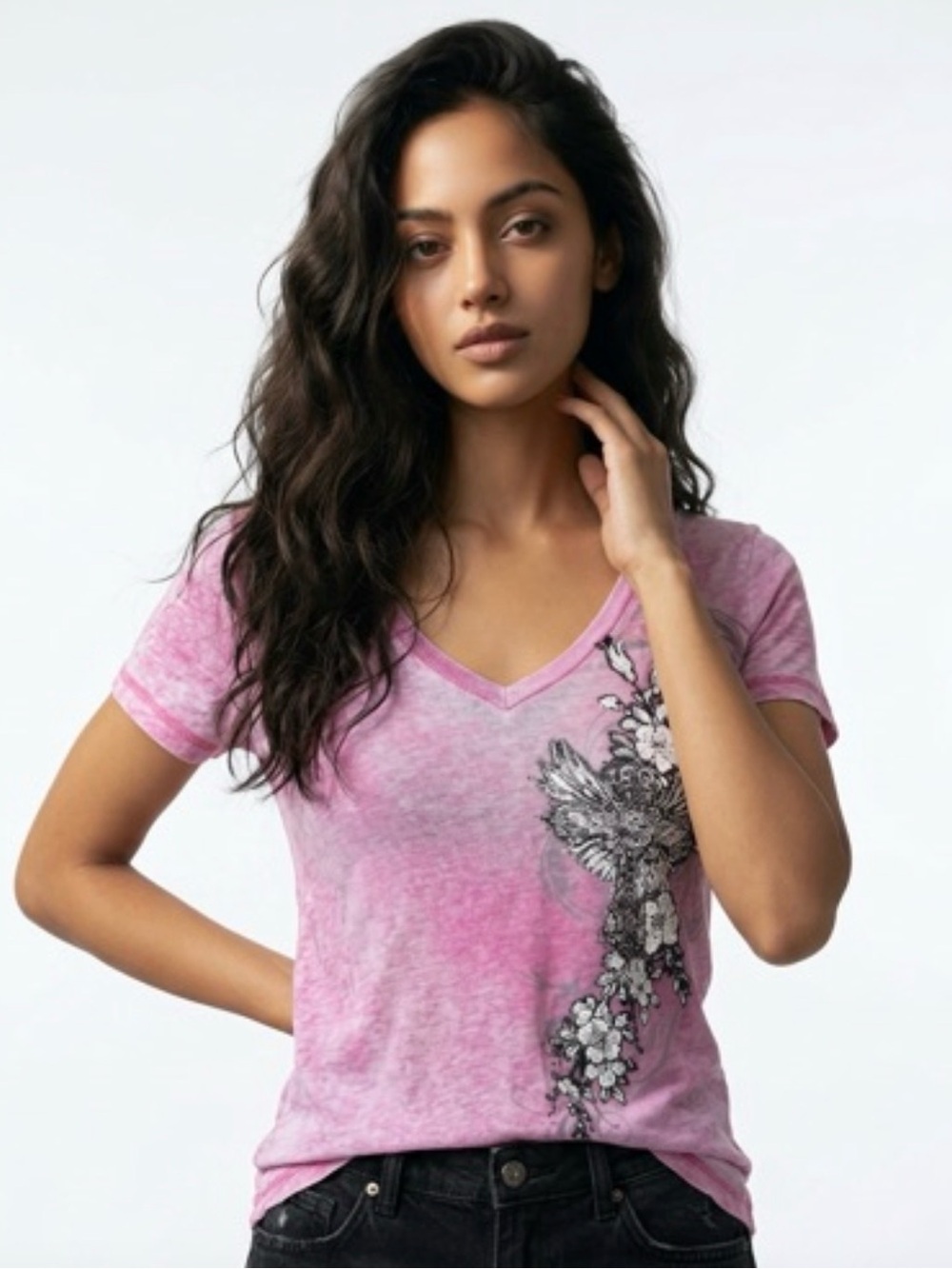 Pink V-Neck Floral Accent rhinestones Short Sleeve Tee